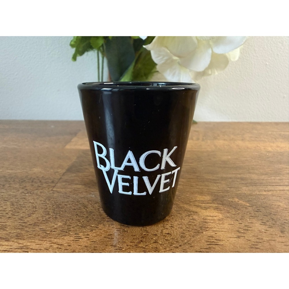 Vintage Black Amethyst Velvet Canadian Whisky Black Glass Shot Glass Advertising